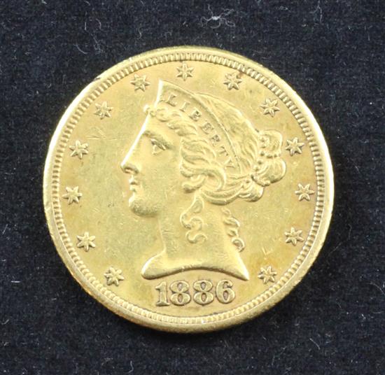 A US 1886 five dollar gold coin.